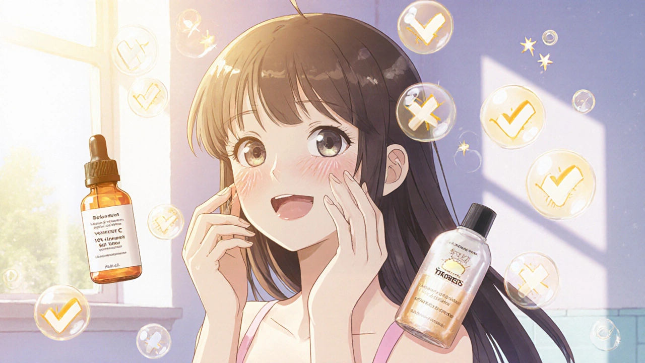 Anime girl applying vitamin C serum, moisturizer, and sunscreen in a sunlit bathroom.