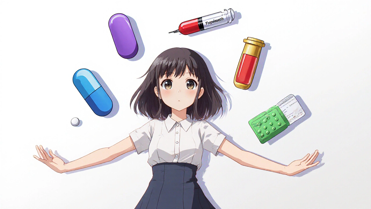 Anime heroine surrounded by colorful icons representing different female libido treatments.