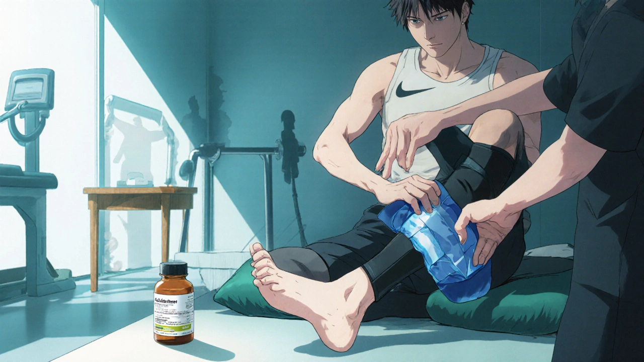 Athlete using ice and compression while taking medication during rehab.
