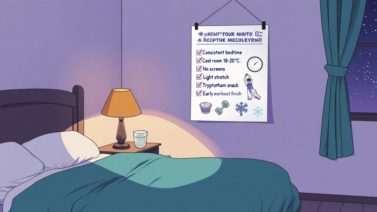 Bedroom scene with checklist of sleep habits and calming lighting.