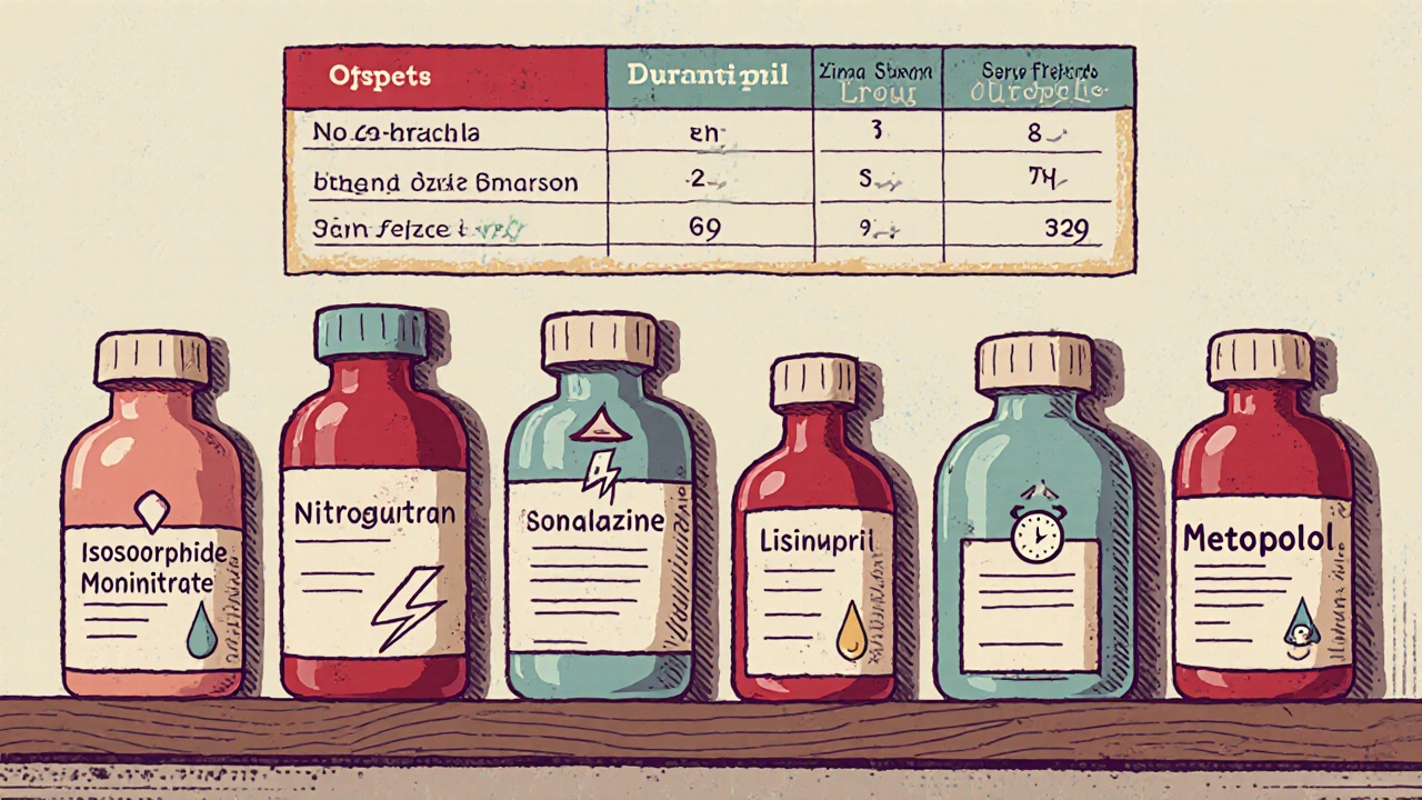 Cartoon lineup of six medication bottles with icons showing their effects.