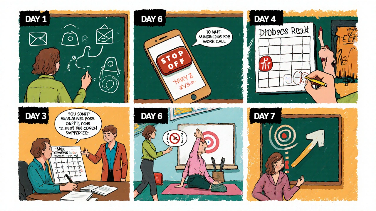 Comic‑style panels showing a 7‑day balance reset routine with daily actions.