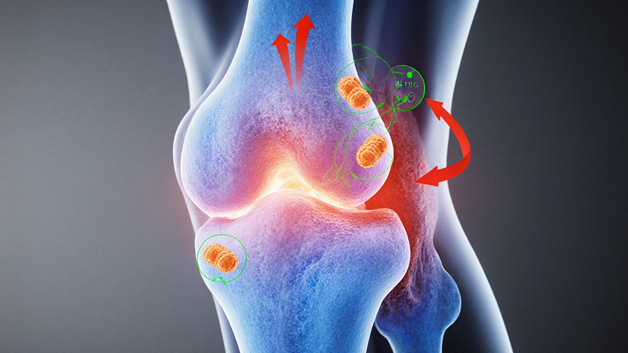 Cross‑section knee joint showing Diacerein blocking inflammatory molecules and protecting cartilage.