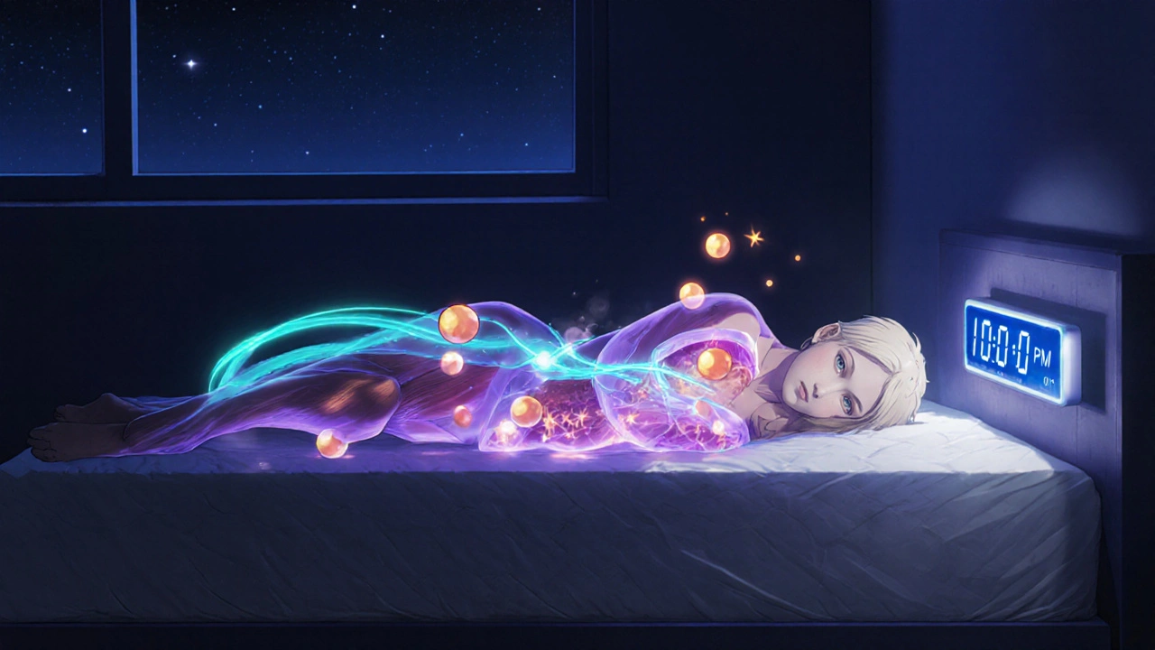 Cross‑section of sleeping body showing glowing hormones repairing muscles.