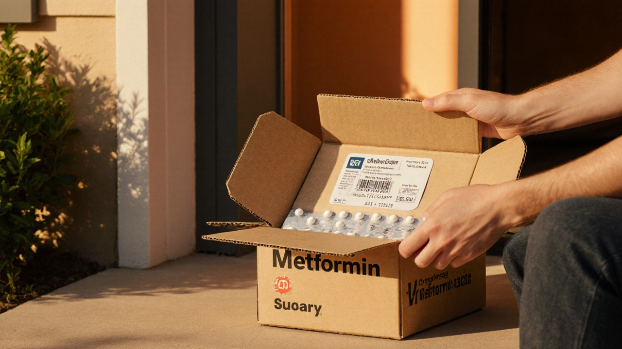 Delivery box on a doorstep opened to reveal metformin tablets, person inspecting it.
