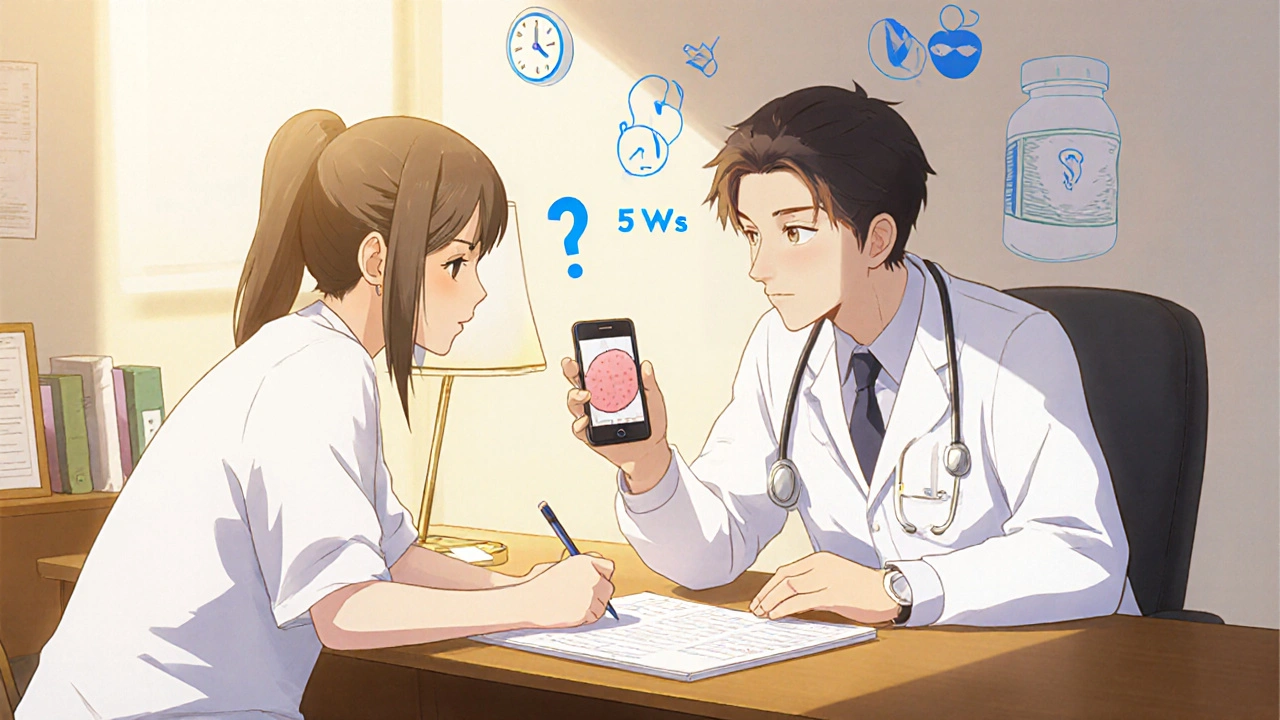 Doctor and patient discussing a side effect, doctor noting details while patient shows a photo.