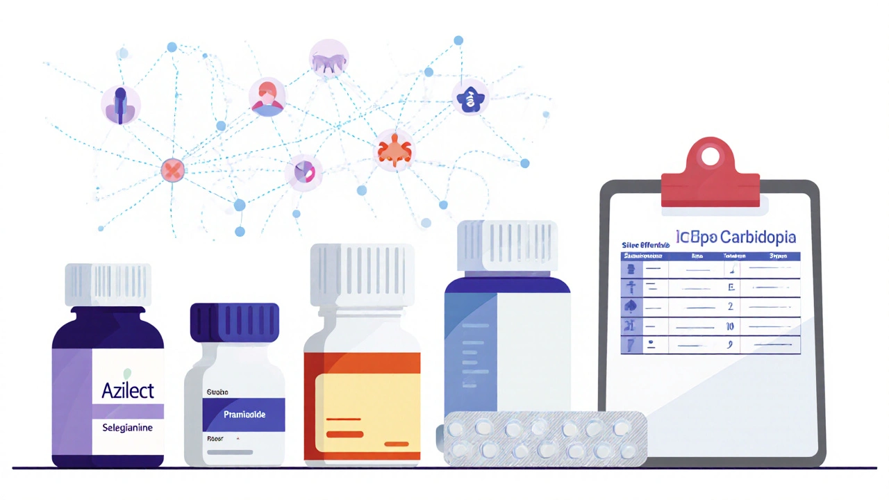 Five Parkinson&#039;s medication bottles arranged with abstract dopamine network overlay.