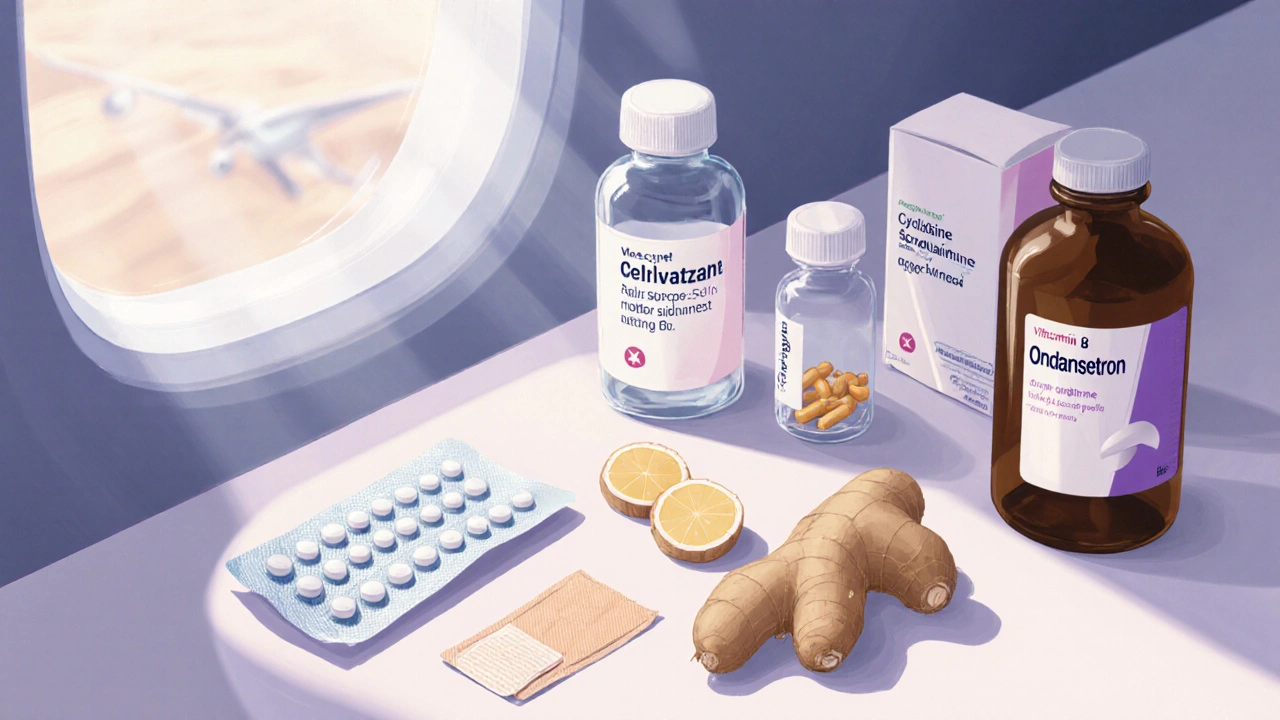 Flat‑lay of various motion‑sickness remedies: meclizine, cyclizine, scopolamine patch, ginger, vitamin B6, and ondansetron.