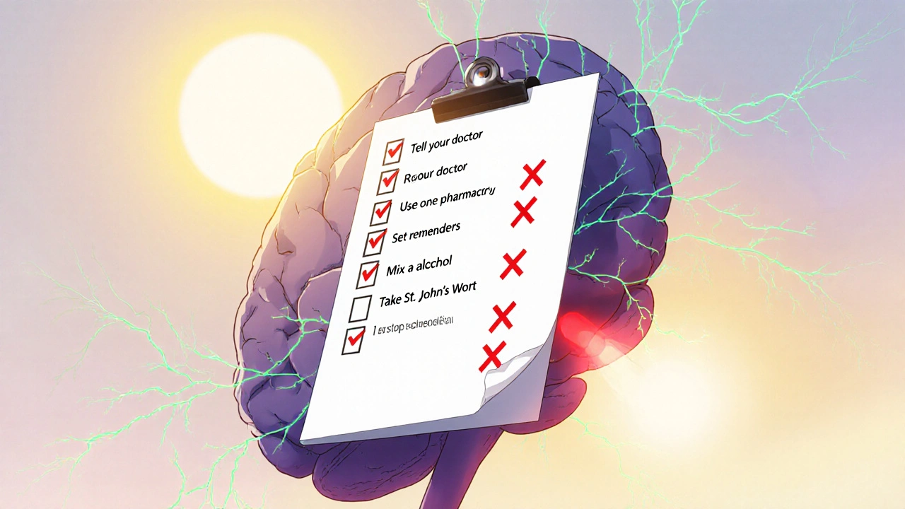 Floating medical checklist with green checks and red Xs, beside a stylized brain.