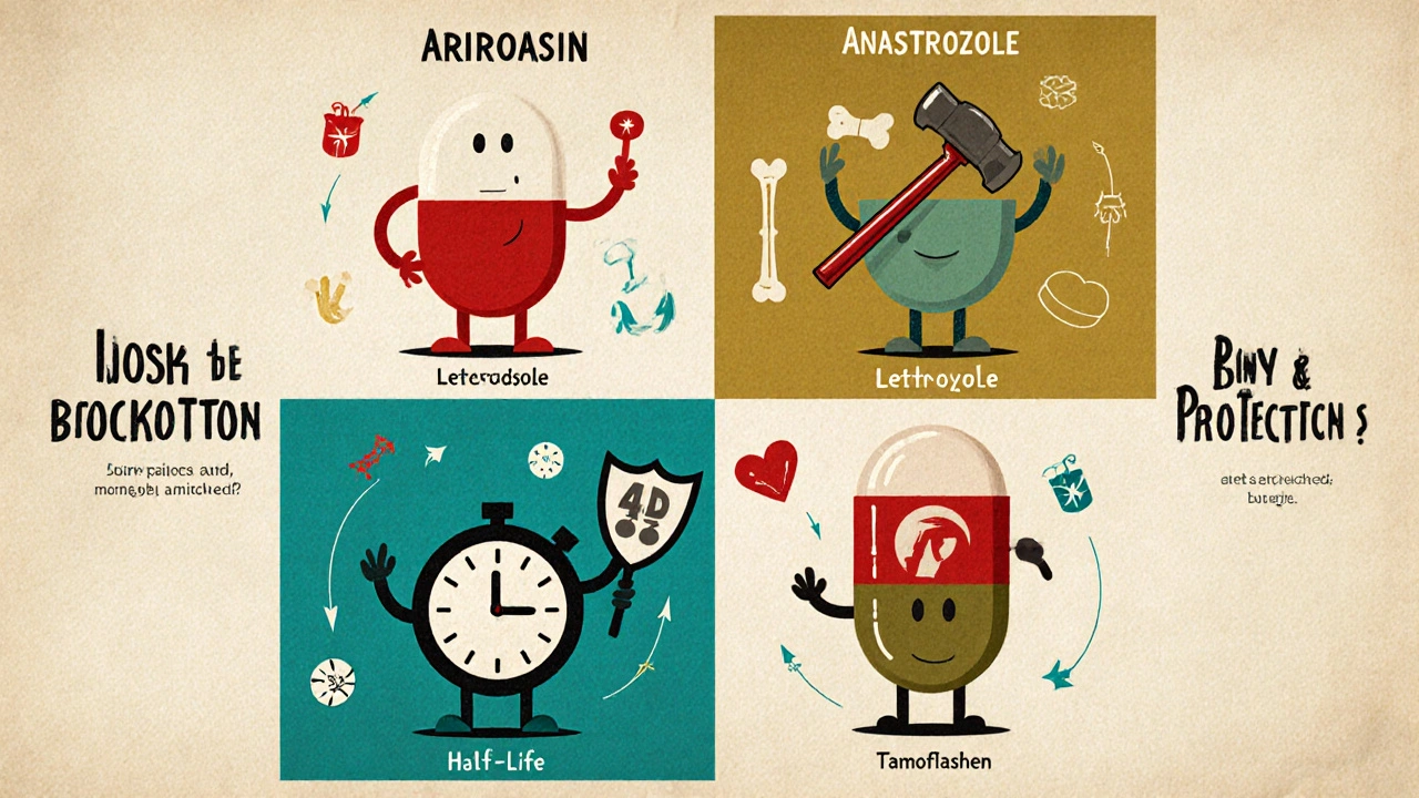 Four drug characters in a retro split‑screen chart showing their main traits and side effects.