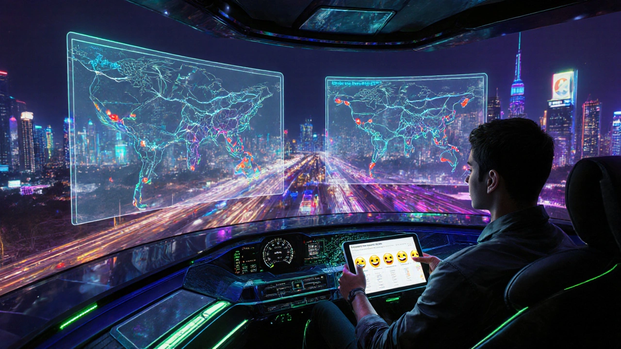 Futuristic control center where real‑time driver feedback instantly adjusts city traffic signals.