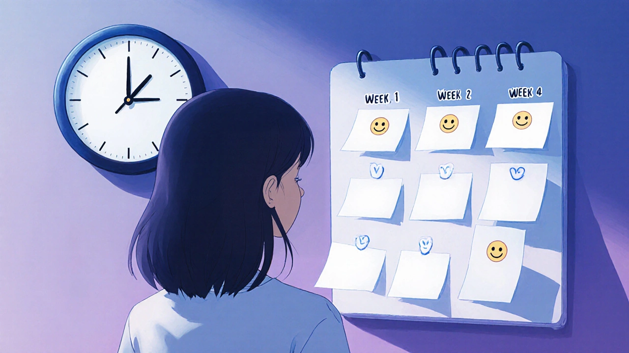 Girl watching a calendar flip weeks, illustrating gradual drug onset.