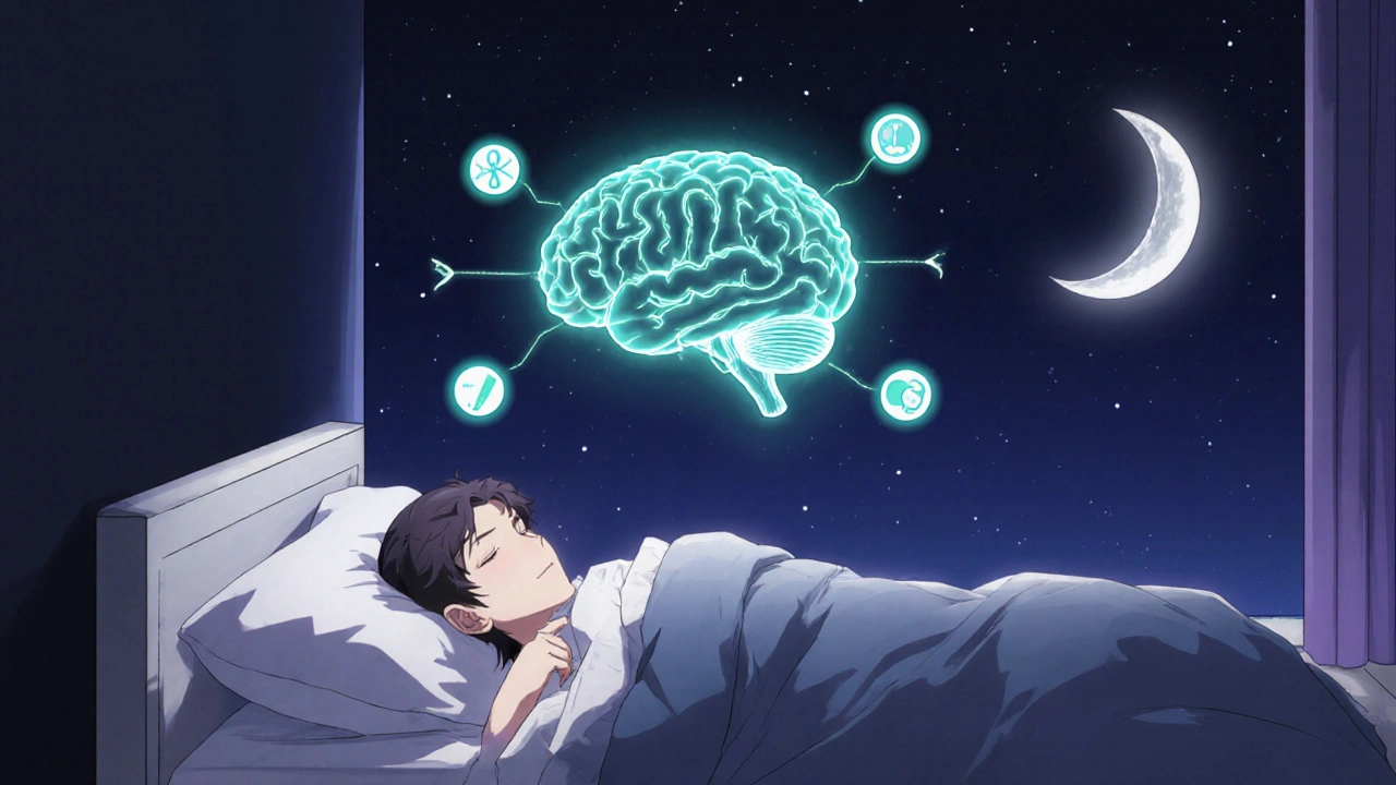 Glowing brain above a sleeping figure showing blood flow and neurotransmitters at night.