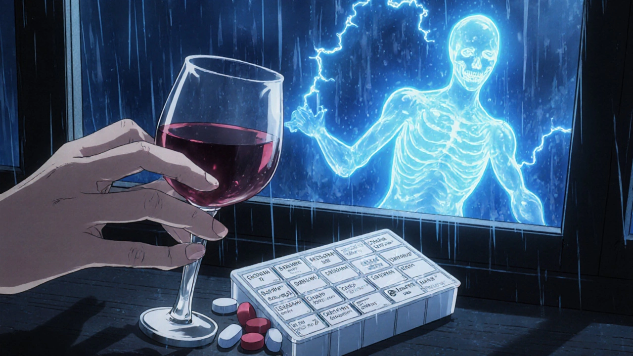 Hand reaching for wine next to pill organizer, with glowing serotonin molecules above.