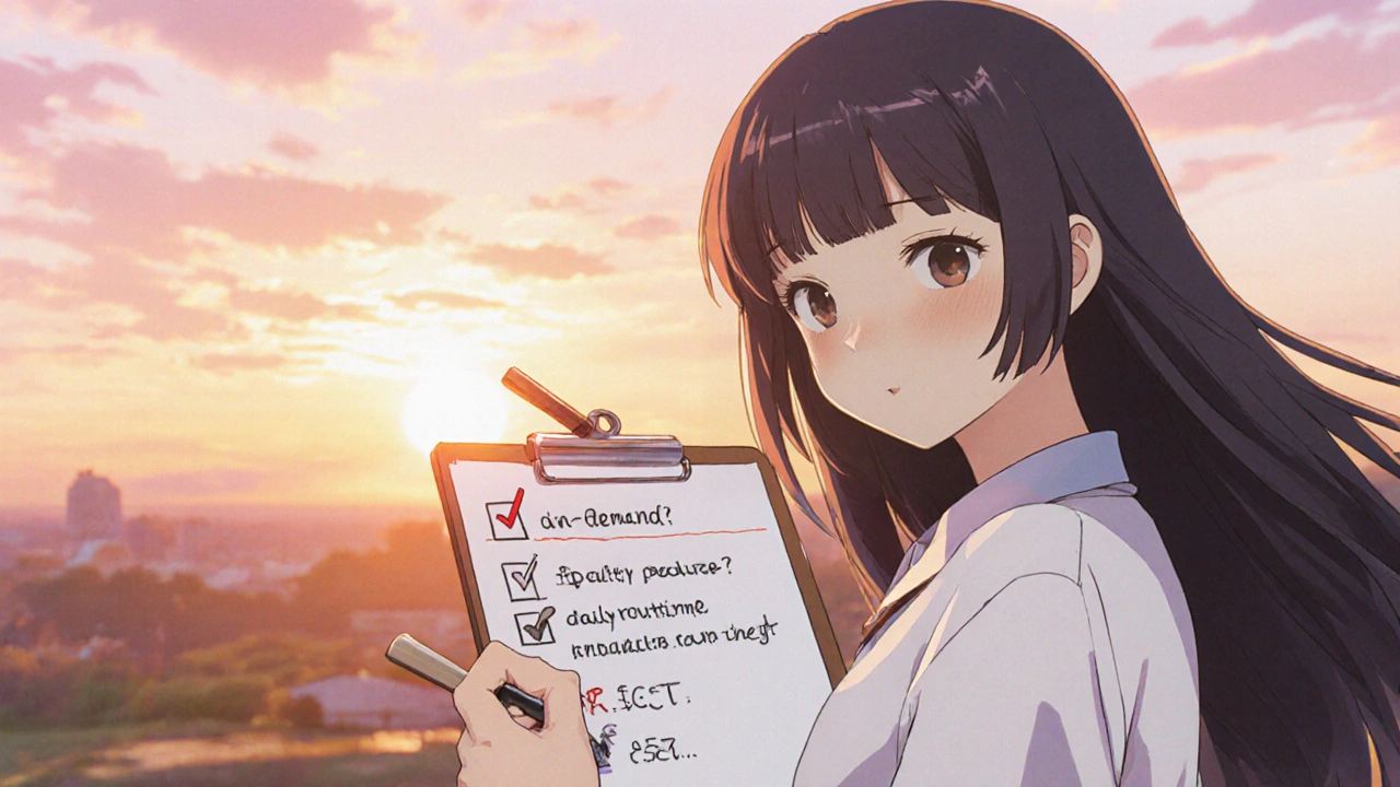 Heroine checking a checklist against a sunrise background, showing decision points for libido boosters.