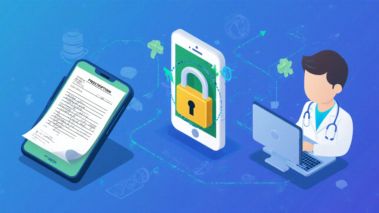 Illustration of prescription scanning, secure website check, and pharmacist review.
