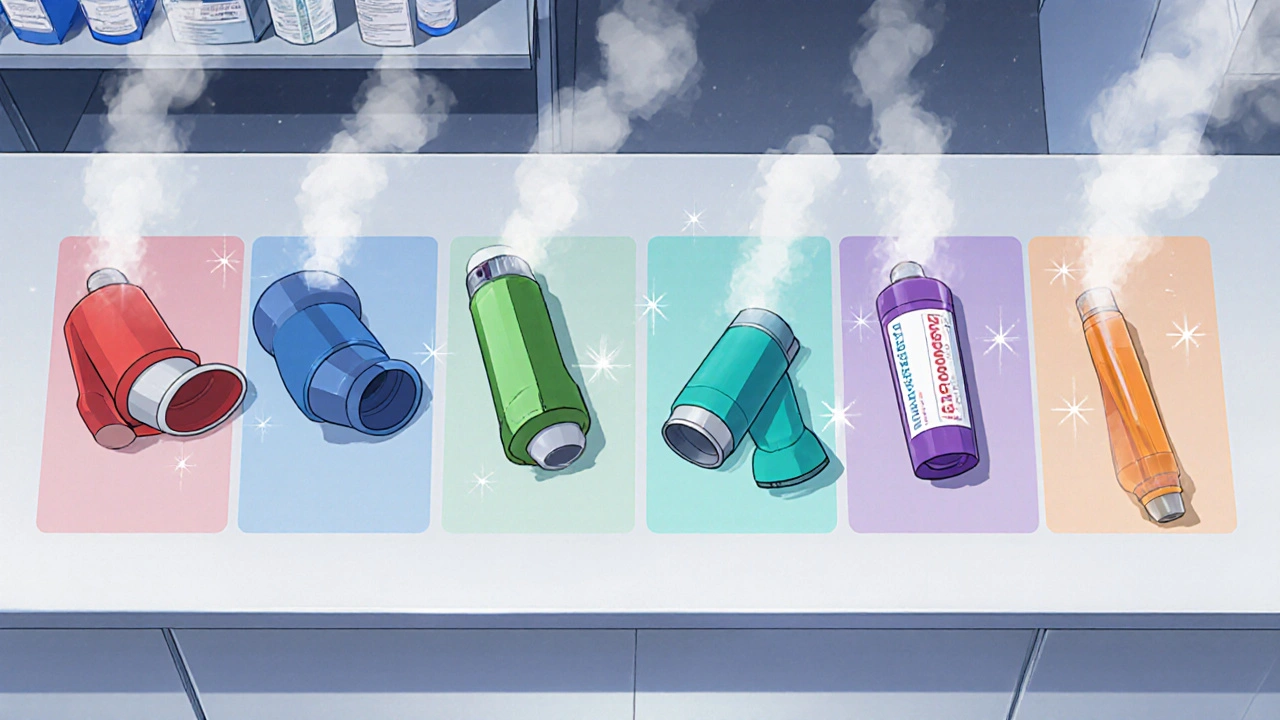 Lineup of six different rescue inhalers on a pharmacy counter with mist.