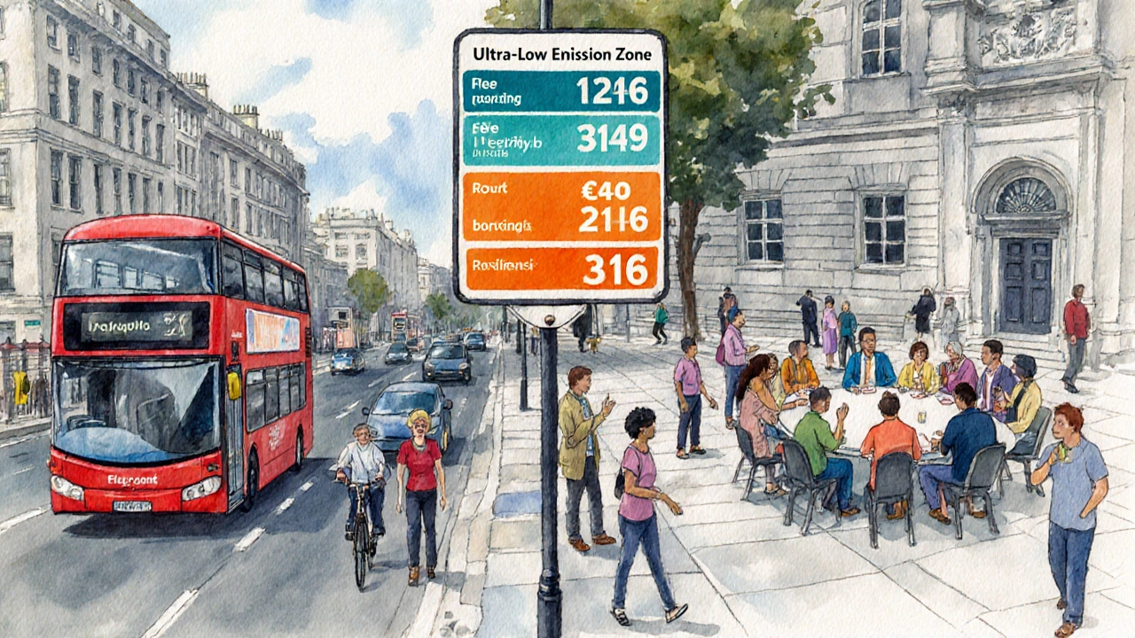 London street scene showing tiered emission zone signs and a public meeting discussing the policy.