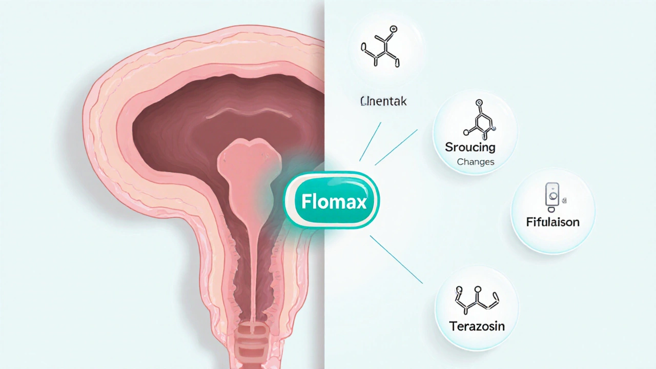 Medical illustration of prostate with alpha‑1 blocker action and floating icons of common side‑effects.
