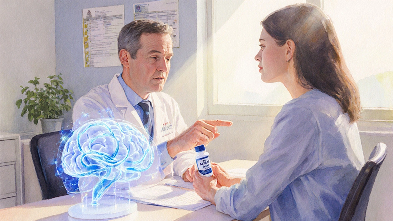 Neurologist and patient discussing treatment beside a glowing brain model.