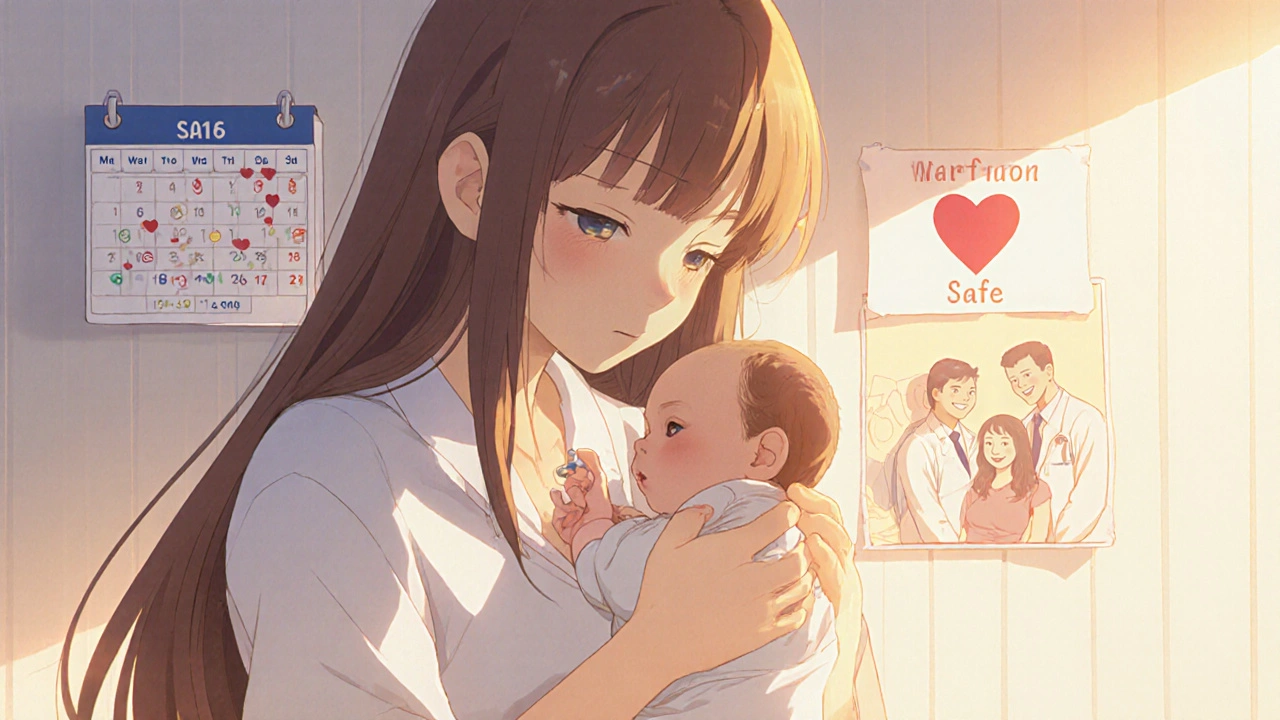 New mother breastfeeding while taking warfarin, symbolizing safe postpartum care.