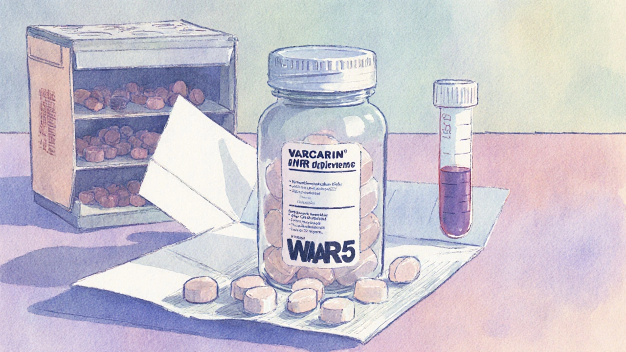 Opened package with warfarin pills, pill bottle, and blood test vial on a counter.