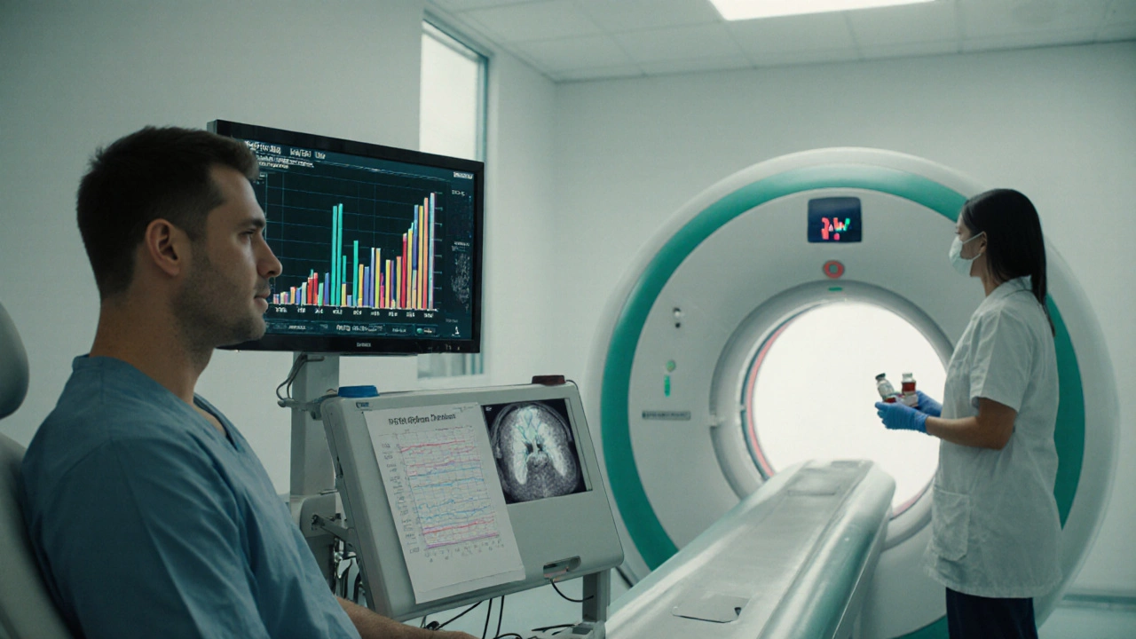 Patient in clinic undergoing water‑deprivation test beside MRI machine and lab equipment.
