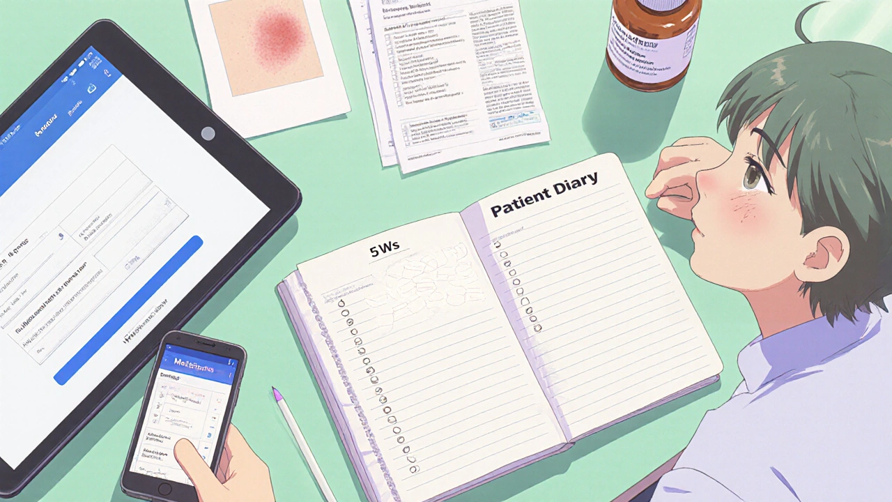 Patient organizing a side‑effect report with a diary, phone app, lab results, and medication bottle.
