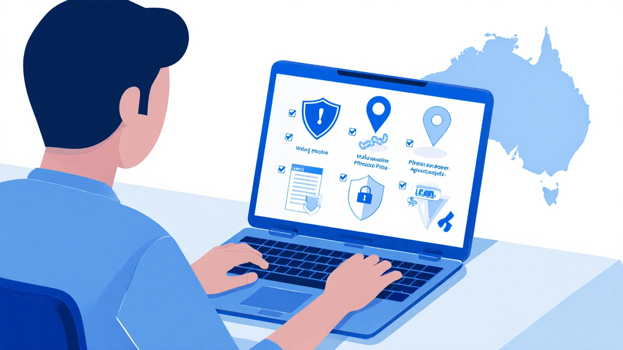 Person at a laptop reviewing an online pharmacy verification checklist.