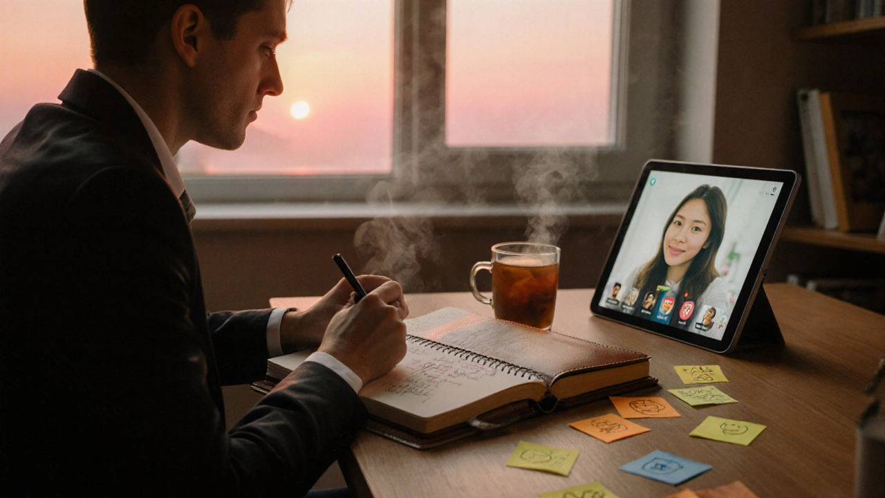 Person journaling at a desk with sticky notes, friend on tablet, sunrise lighting.