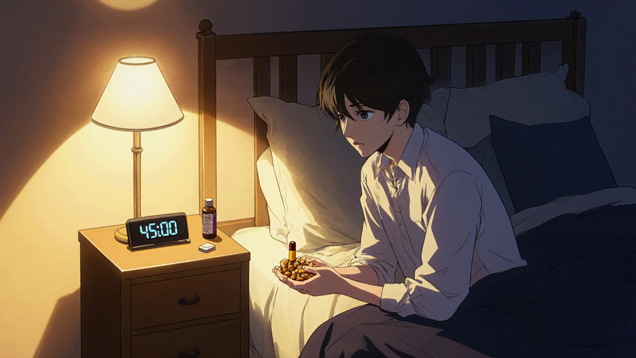 Person taking a vinpocetine capsule with a snack beside a lamp and clock in a bedroom.