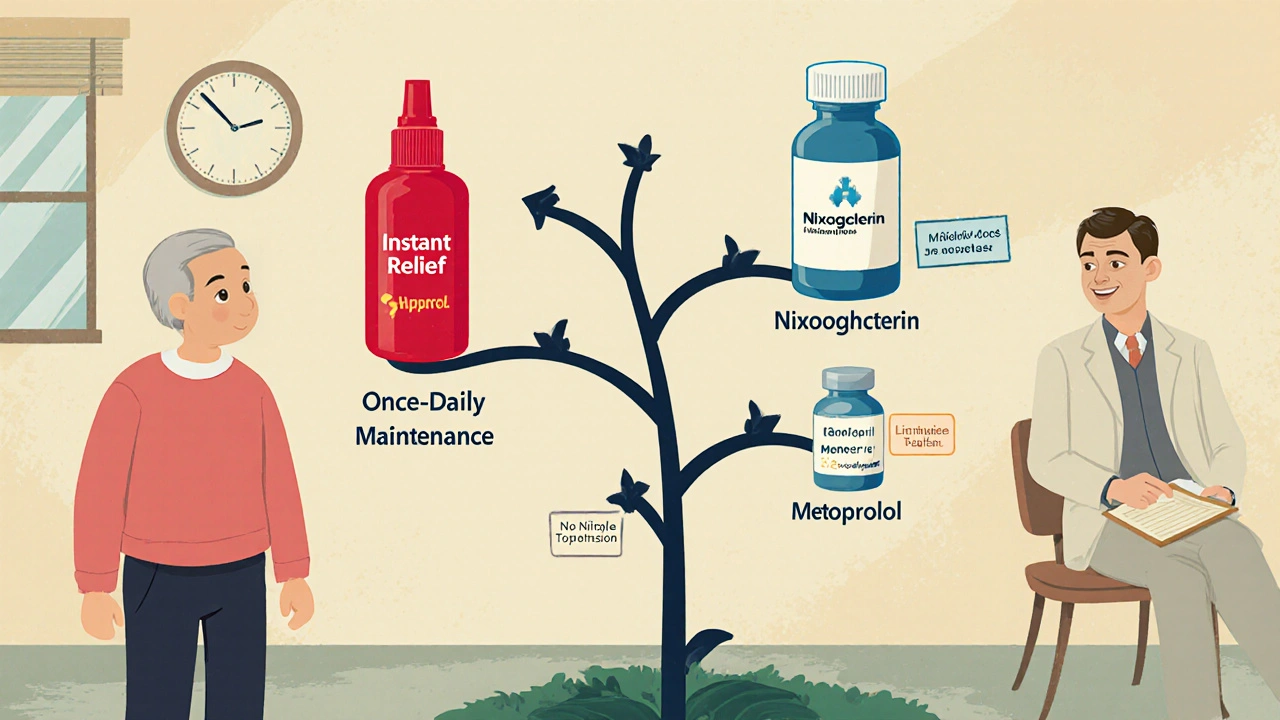 Retro decision‑tree showing patient choosing between nitrate and non‑nitrate drugs.