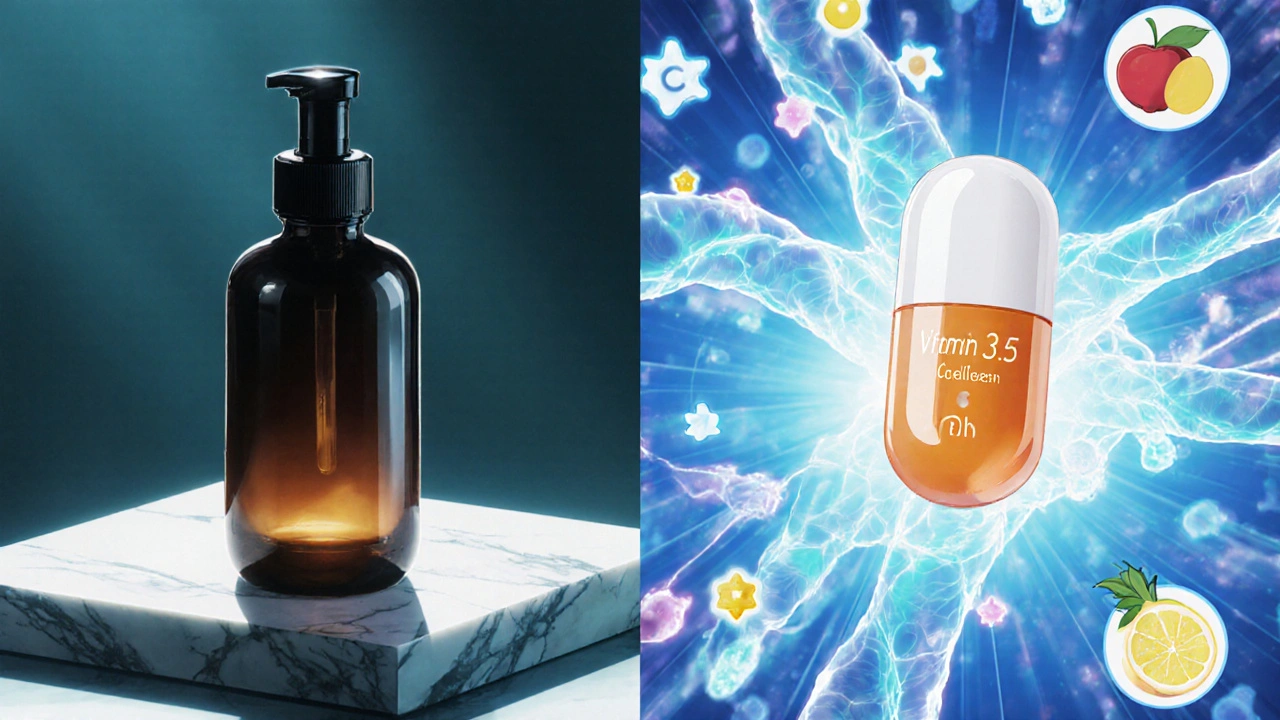 Serum bottle and vitamin C capsule beside animated fibroblasts weaving collagen fibers.
