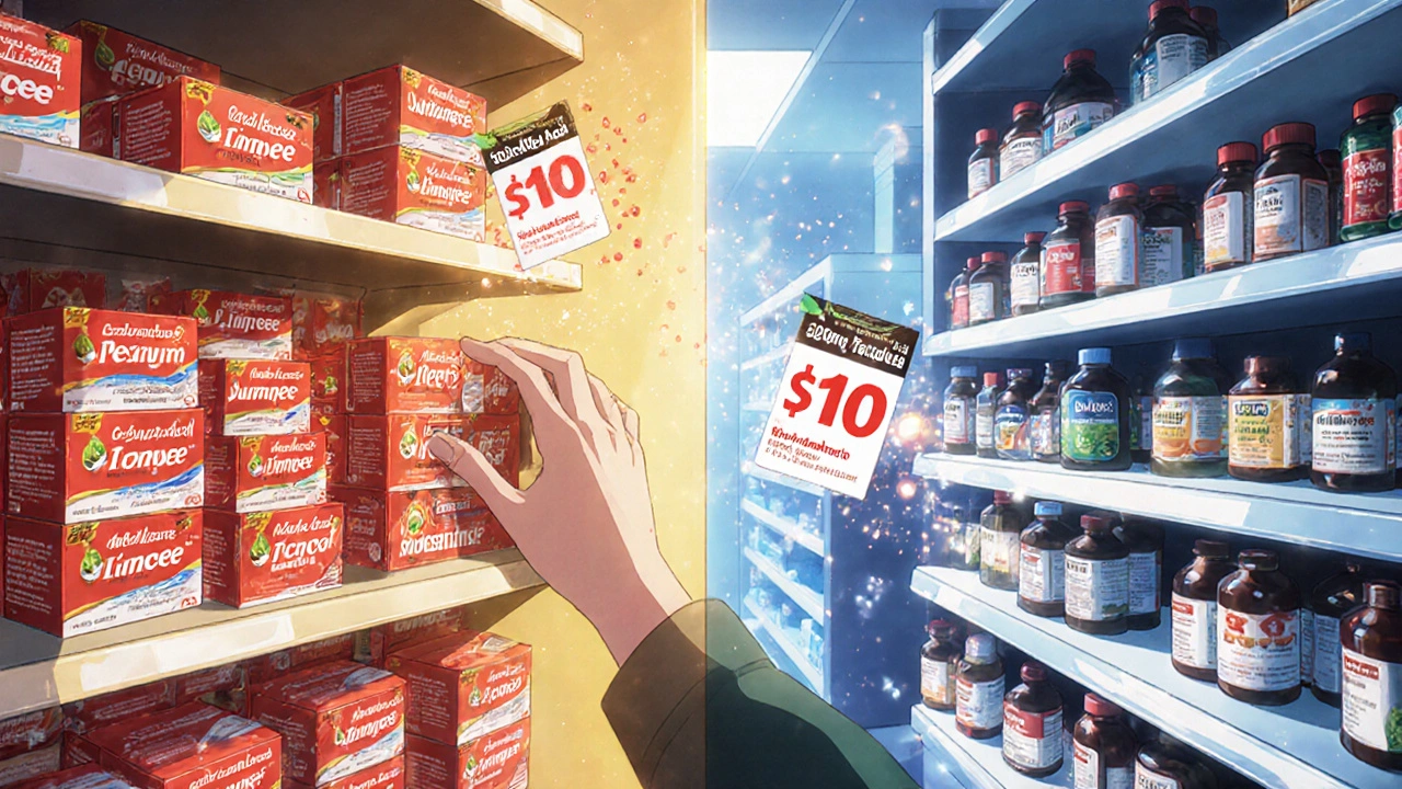 Split scene comparing Limcee on an Indian pharmacy shelf with Nature Made and Swisse on an American shelf.