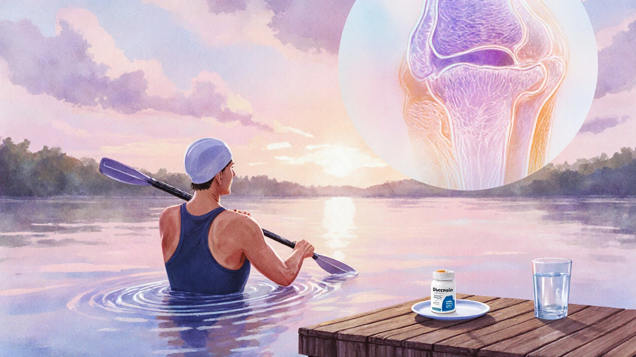 Swimmer by a lake with a Diacerein tablet nearby, symbolizing holistic OA care.