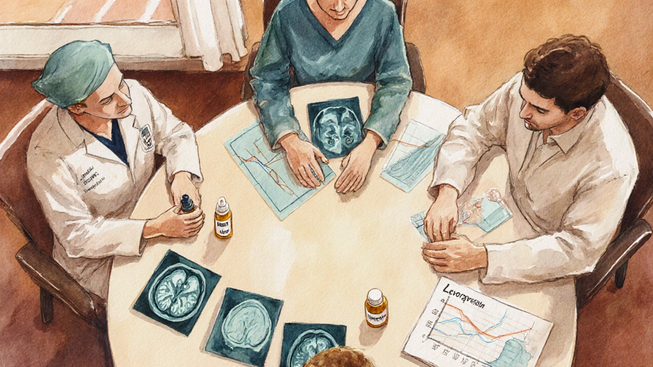 Team of doctors discussing treatment with medication bottles and abstract MRI images.