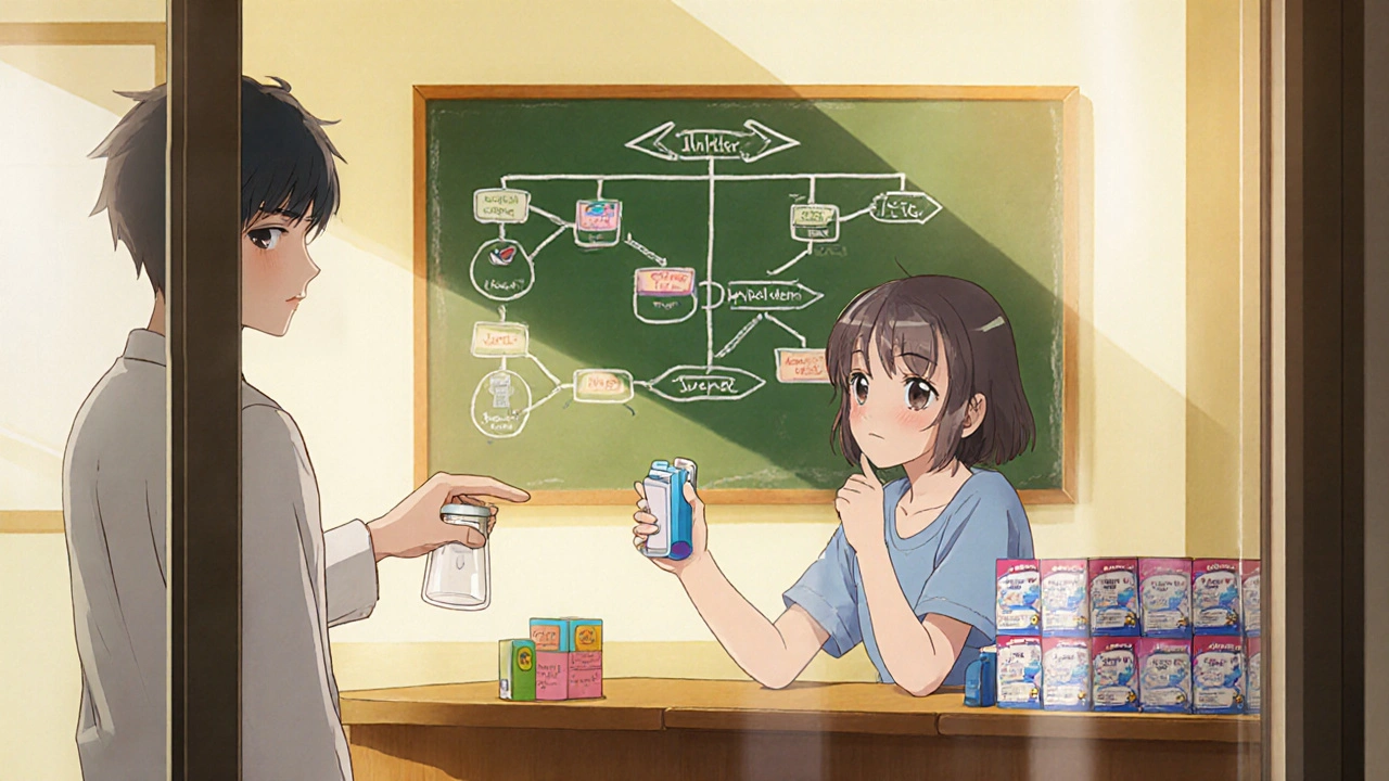 Teenage girl at pharmacy weighing inhaler options with a decision tree behind.