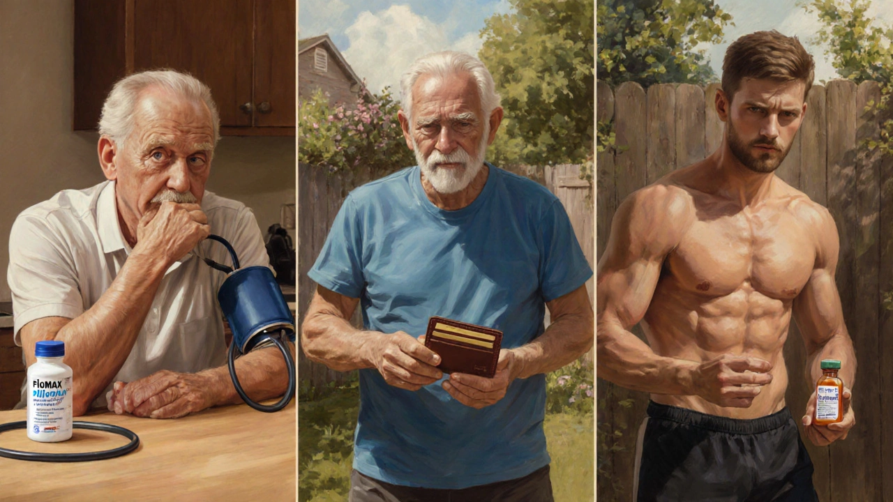 Three men in separate scenes holding different BPH meds, showing their lifestyle concerns.