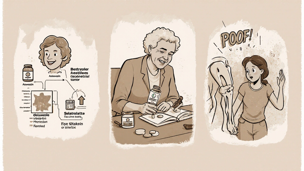 Three patient scenes showing Aromasin use, bone health, and joint‑pain relief in cartoon style.