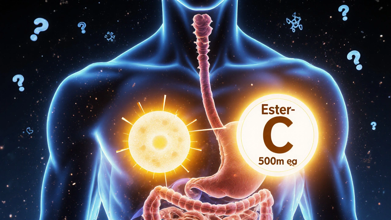 Transparent human body showing vitamin C molecules traveling through the bloodstream to immune cells with equal brightness.