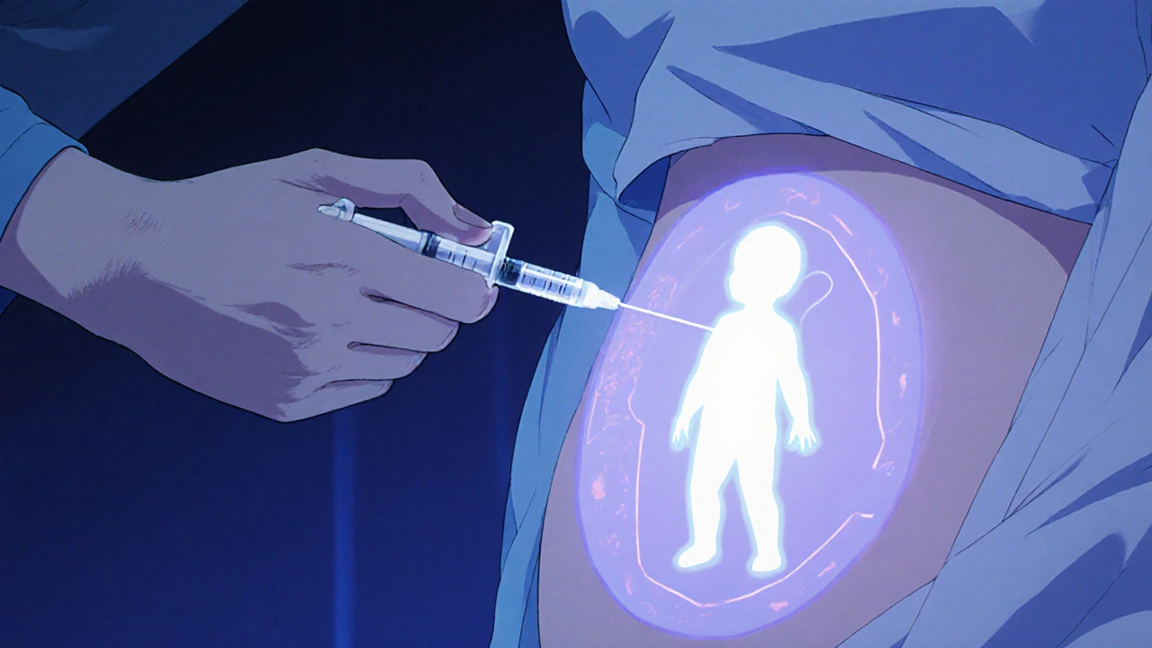 Woman self-administering a heparin injection with a safe fetal silhouette glowing beside her.