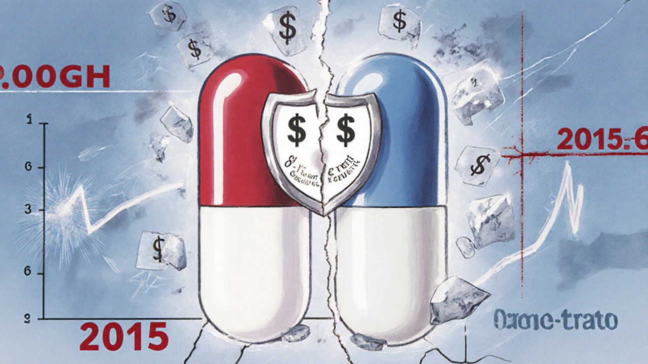 A branded pill versus a generic pill with patent walls and price graphs in anime style