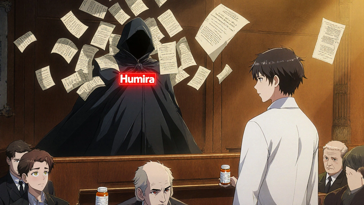 A courtroom battle between a biosimilar developer and a pharmaceutical giant surrounded by floating patents.