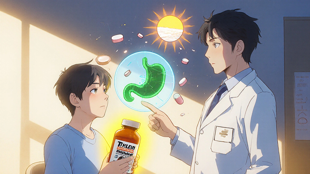 A doctor shows a patient a protective shield over the stomach while they hold acetaminophen, with a shattered ibuprofen pill nearby.