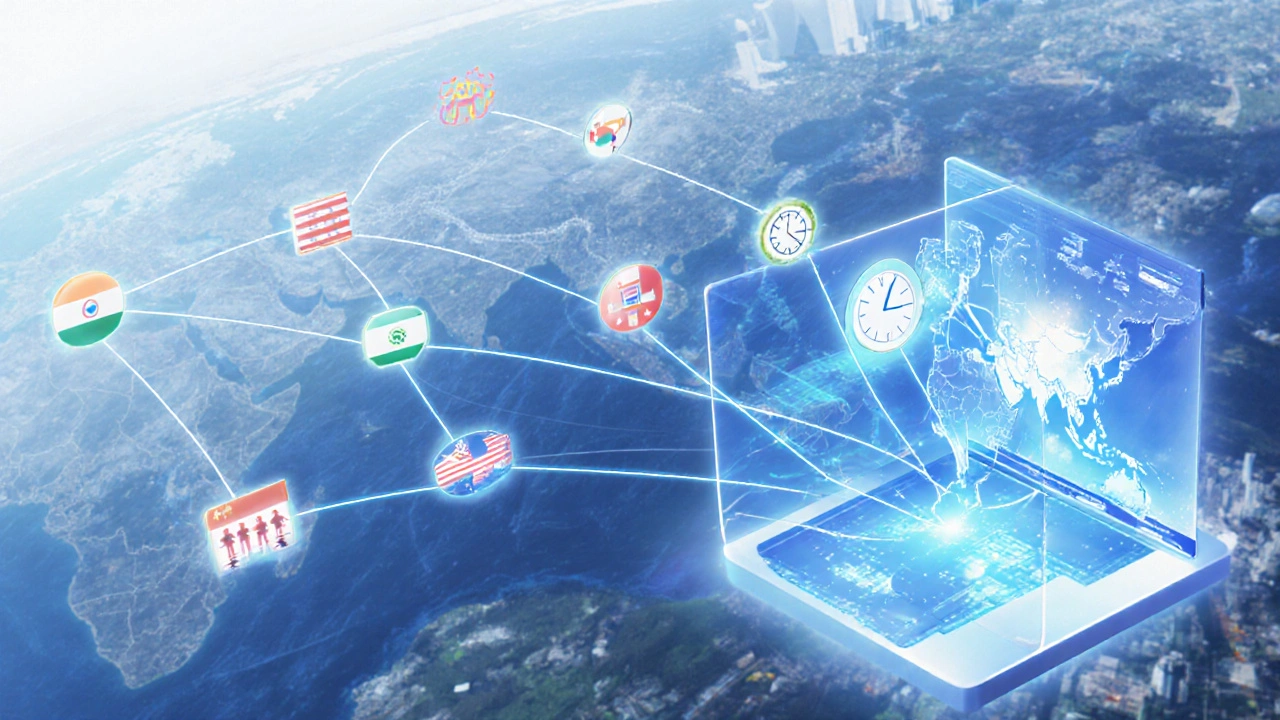 A glowing AI interface adapts a global app interface in real-time using cultural symbols from Tokyo, Mexico City, and Berlin.