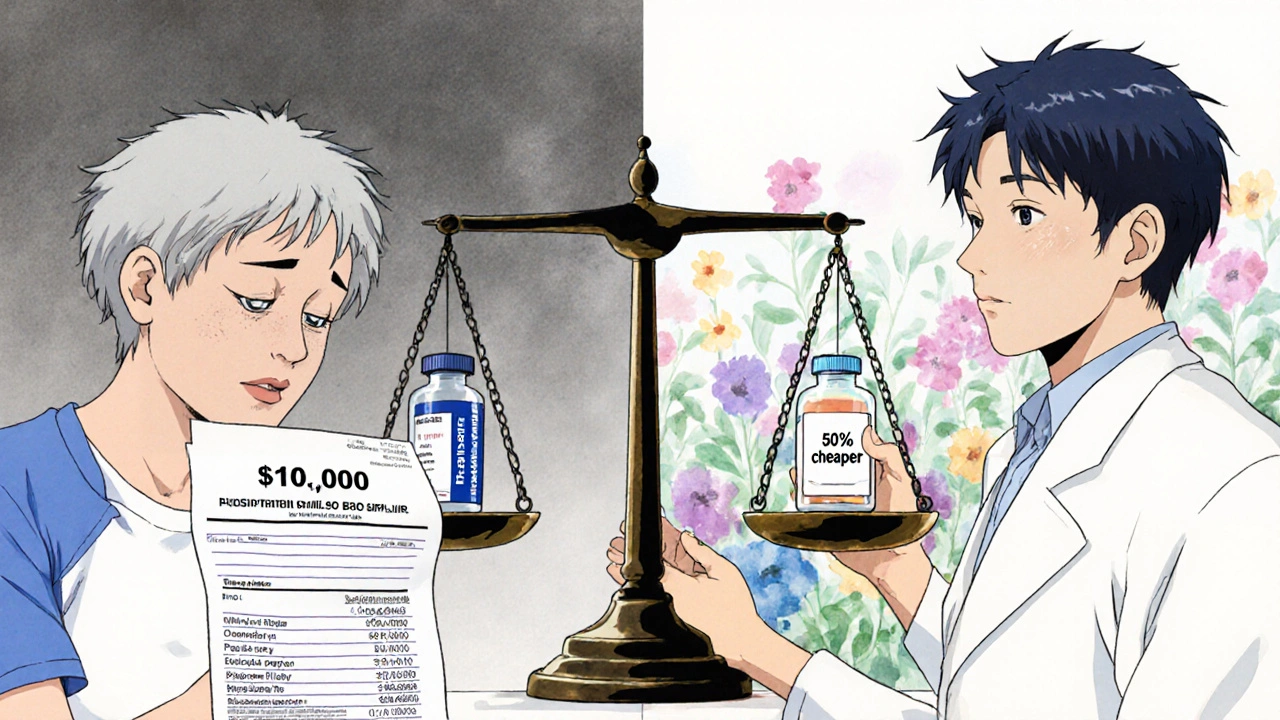 A patient in the U.S. overwhelmed by cost, while a European patient receives an affordable biosimilar.