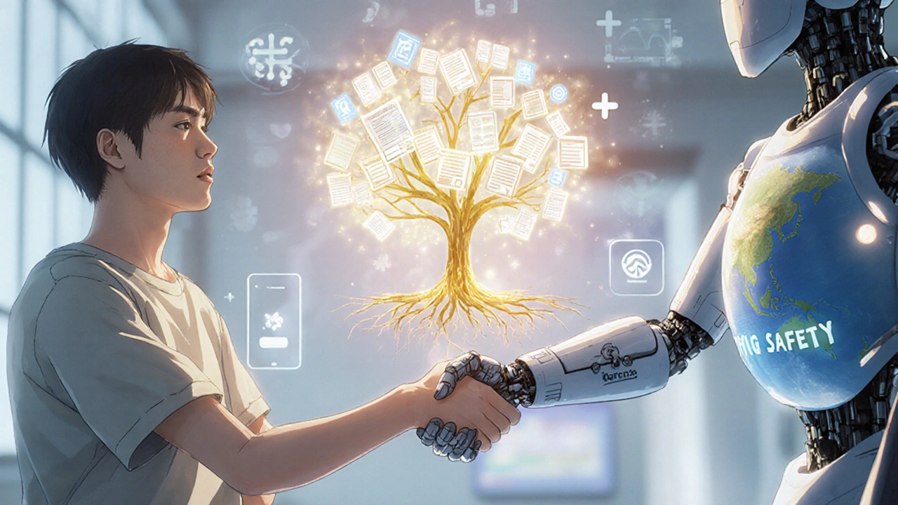 A patient shaking hands with a data-formed guardian, symbolizing partnership in drug safety, as a tree of surveys grows between them.