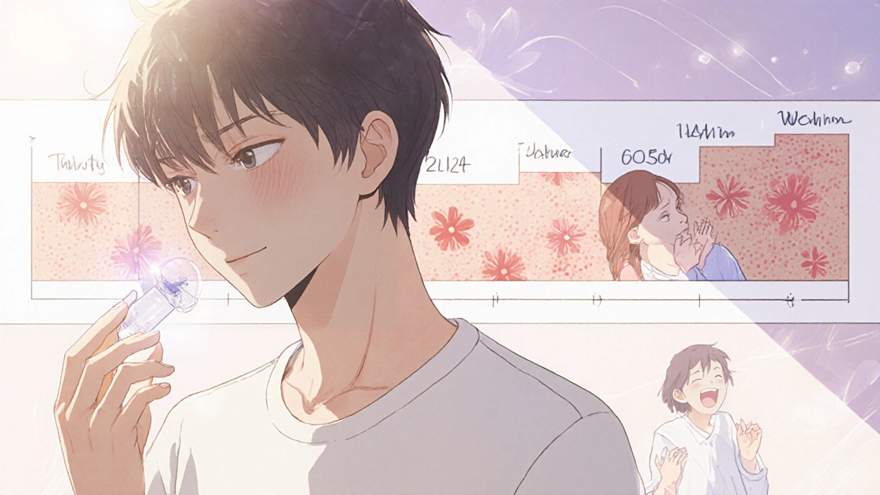 A person taking daily medication as hives fade over time, ending in a peaceful moment with sunlight and laughter.