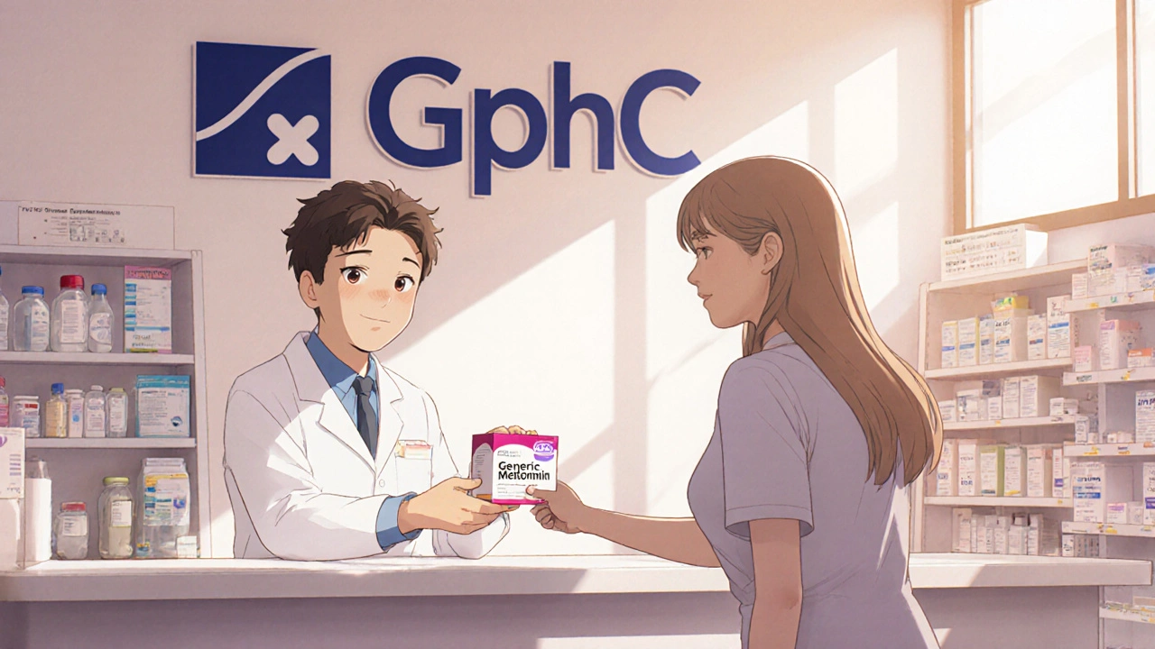 A pharmacist hands metformin to a patient at a UK pharmacy with the GPhC logo visible on the wall.