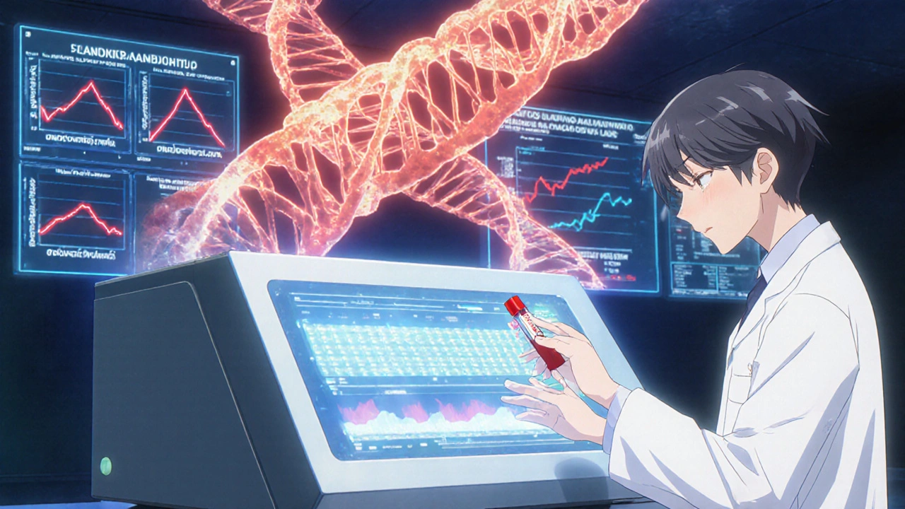 A researcher analyzes DNA in a lab, with a glowing ABCB1 gene variant highlighted on a holographic helix.